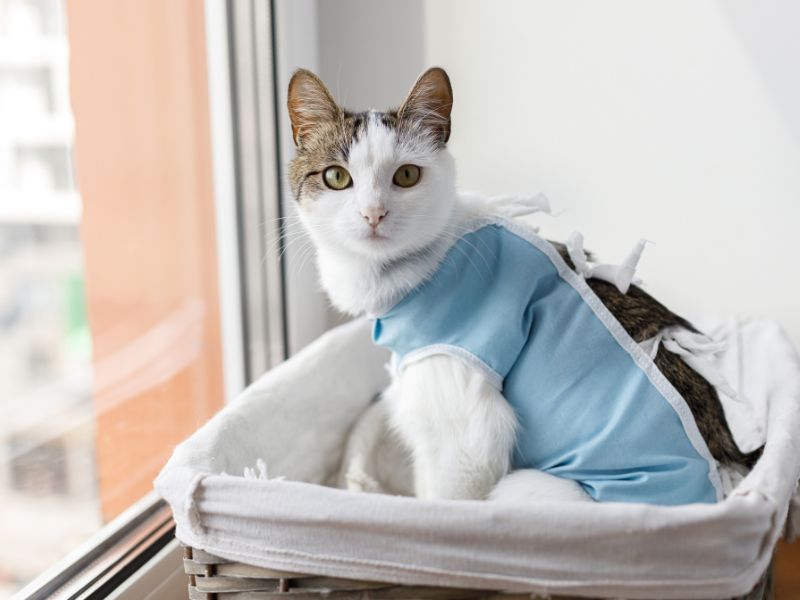 Cat sitting in the window wearing a surgery garment