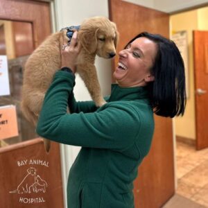 Vet Staff holding up puppy